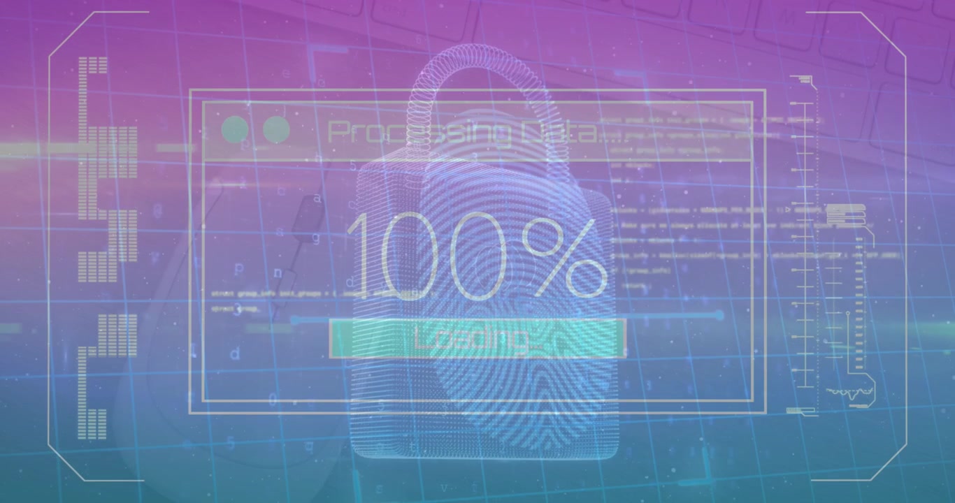Animation of data processing and security padlock over blue background