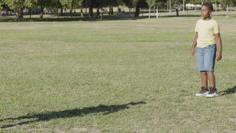 Father-and-son-kicking-ball-in-park-on-sunny-day,-doing-sports.