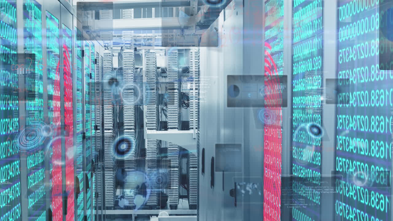 Animation of cyber security data processing and mathematical equations against computer server room