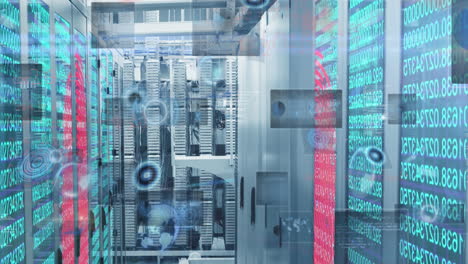 animación del procesamiento de datos de seguridad cibernética y ecuaciones matemáticas contra la sala de servidores informáticos