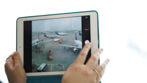 tomar fotos del área del aeropuerto a través de la ventana usando el pad