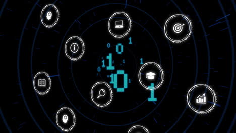 binary code and digital icons animation over dark background with concentric circles