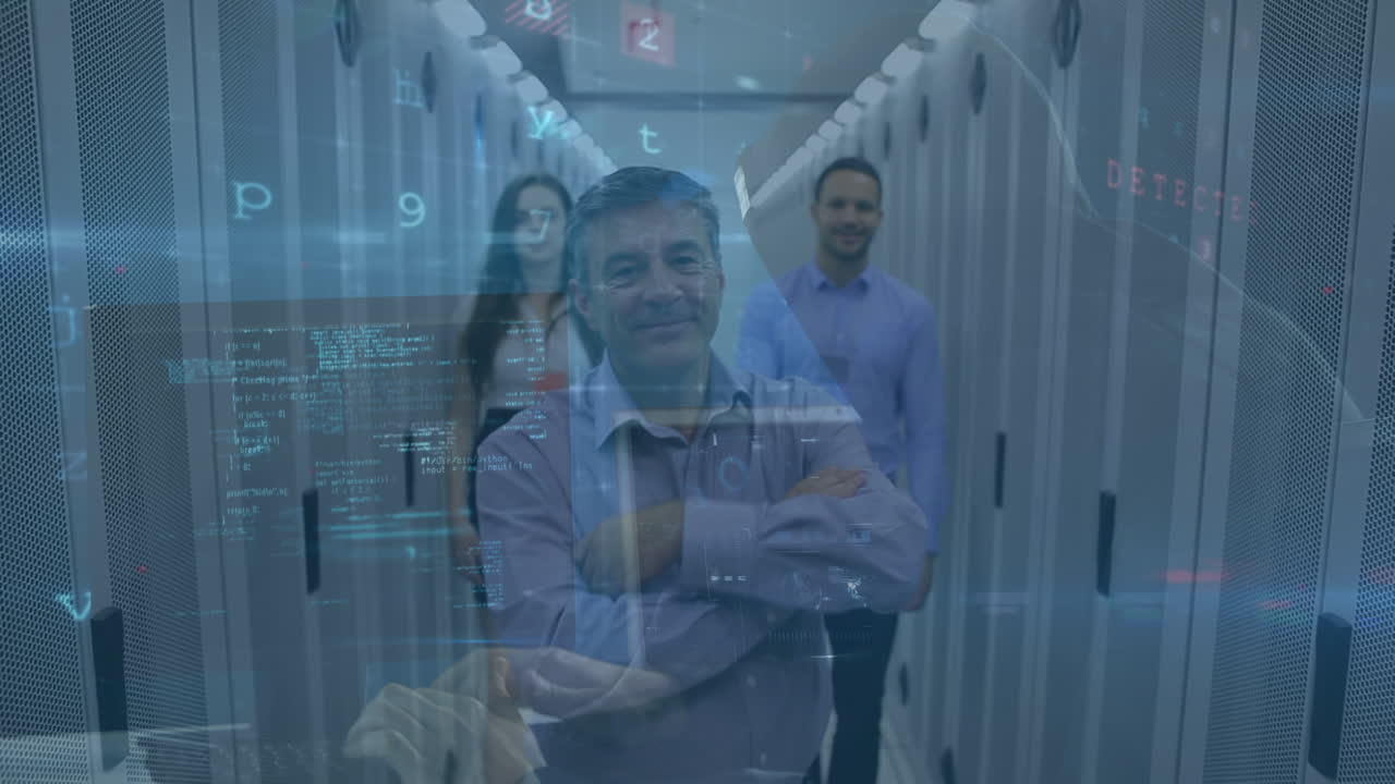 animación de advertencia de ataque cibernético sobre hackers y diversas personas de negocios en la sala de servidores