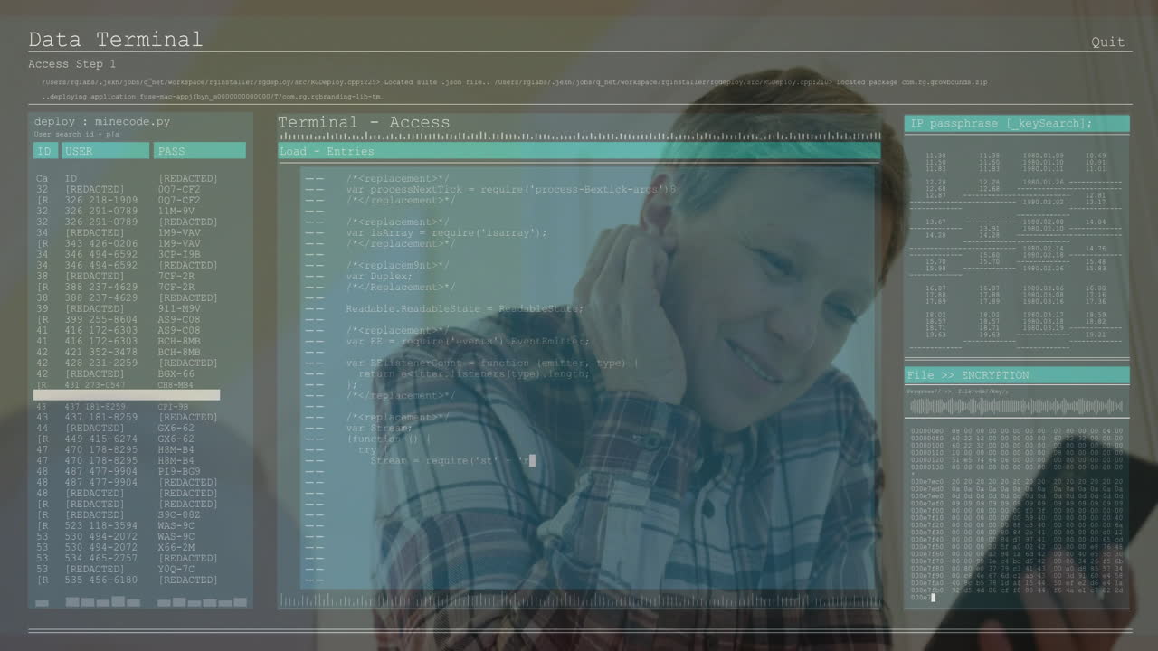 Viewing animation on screen, person in plaid shirt with computer code overlay