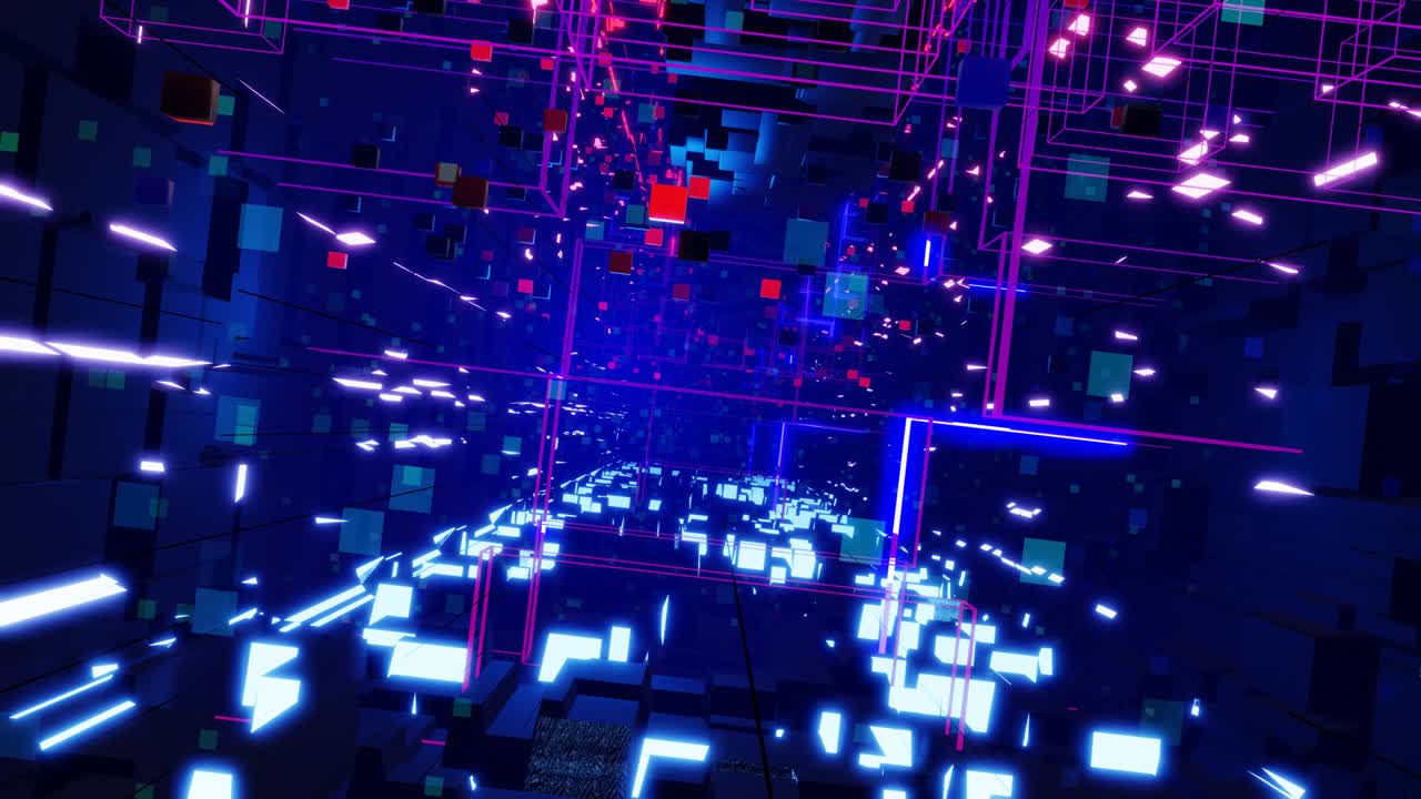 el concepto de tecnología profunda o tecnología de la información. gráfico de movimiento de fondo en bucle 3d. vuelo azul oscuro de ciencia ficción a través del espacio digital tecnológico, luz de neón. flujo de información de alta tecnología en blockchain o bigdata.