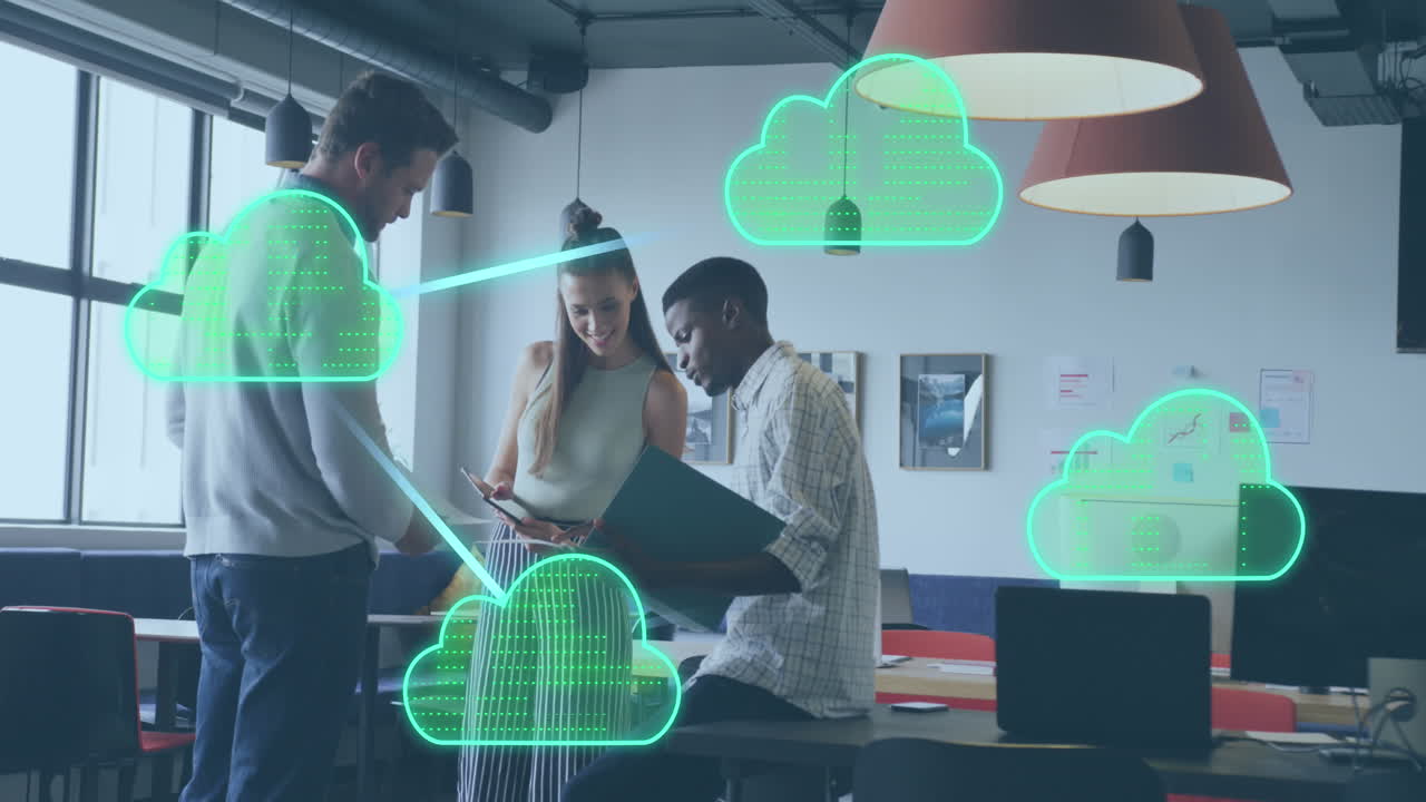 Animation of network of cloud icons against diverse colleagues discussing together at office