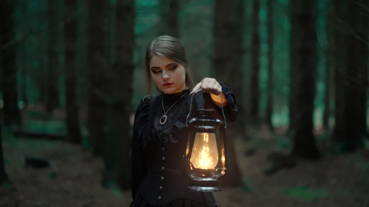 hermosa chica bruja en un vestido negro con un corsé sostiene una lámpara en un bosque oscuro por la noche