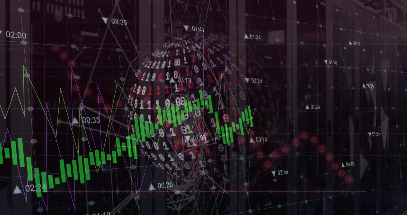 Animação de gráfico, códigos binários formando um globo giratório, números sobre pontos conectados por linhas.