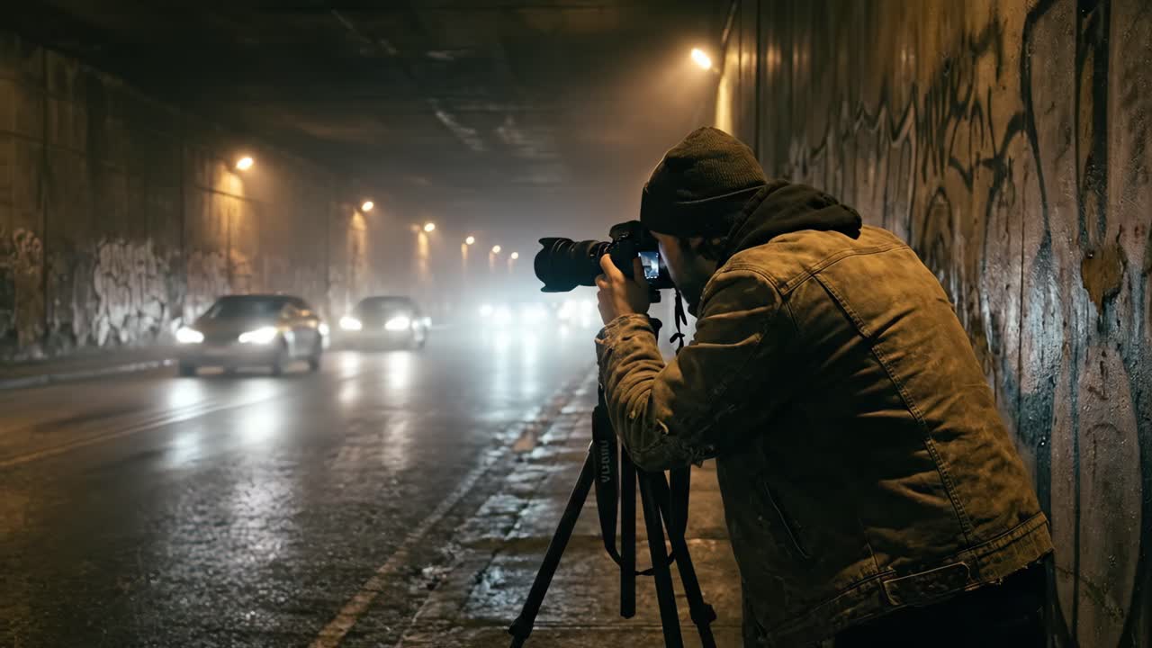 Fotografo che cattura scie luminose di auto in un tunnel urbano buio di notte