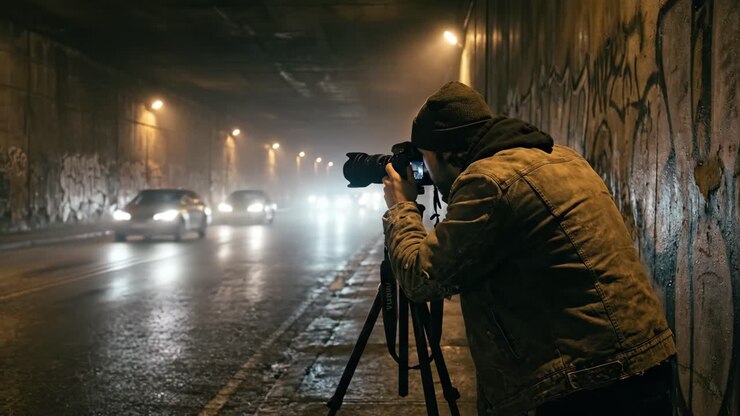 Photographer Capturing Car Light Trails in a Dark Urban Tunnel at Night