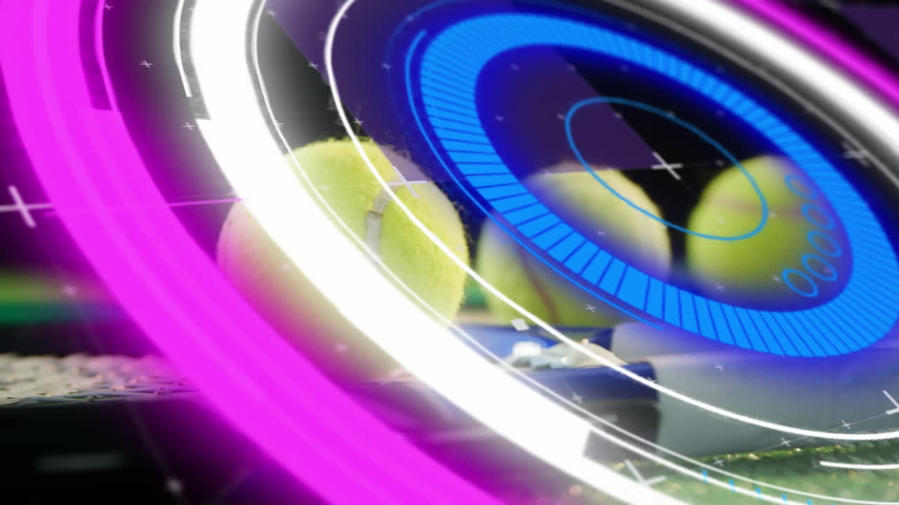 animación de escaneo de alcance sobre pelotas de tenis y raquetas