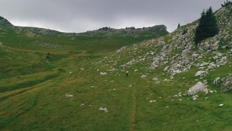 Pan-wide-angle-shot-revealing-a-hiker-crossing-a-mountain-alpine-valley