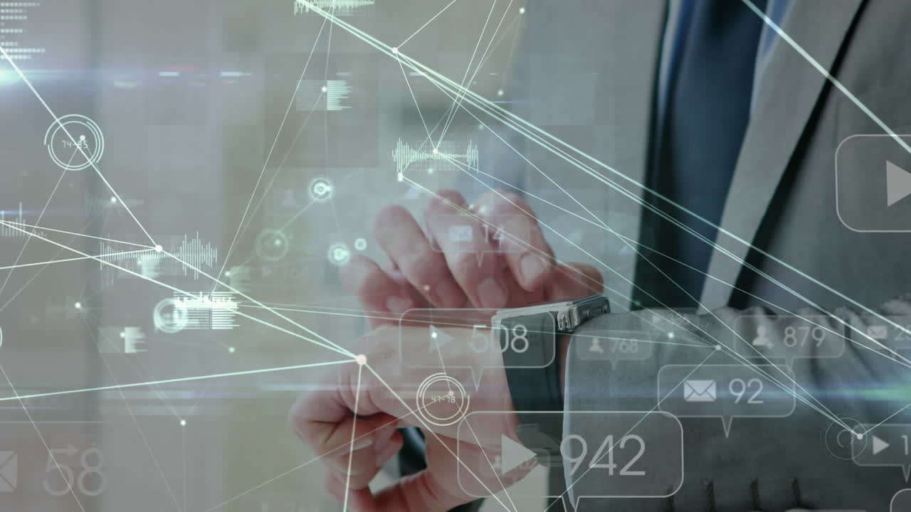 Animation of network of connections with icons over man using smartwatch