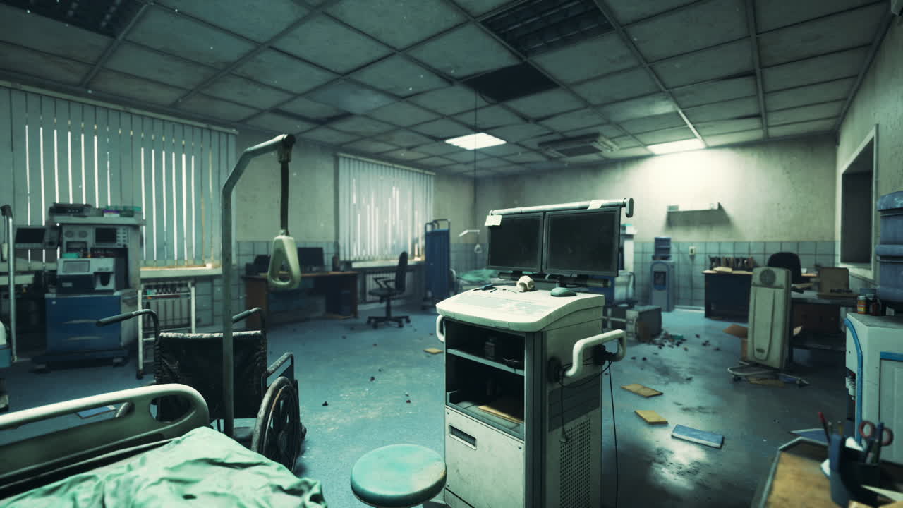 버려진 병원 방은 잔해와 과거 의료의 잔해를 드러니다.