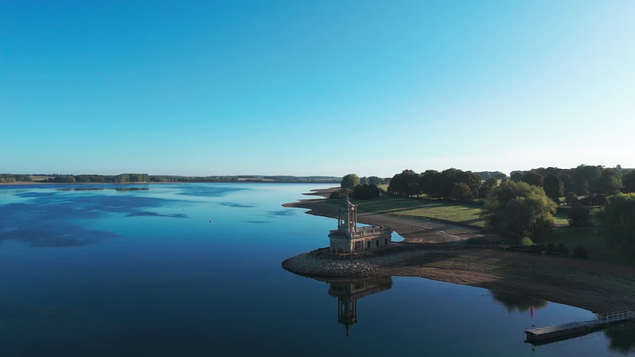 Rutland Water Normanton Church iconic landmark located on the shore, England aerial drone
