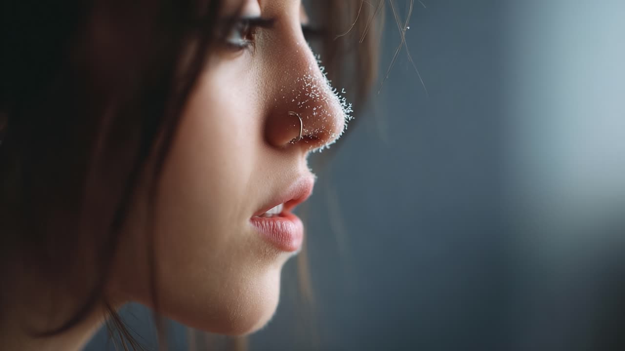 A Captivating Portrait of a Woman with Snow Dusting Her Nose, Capturing an Intimate Moment of Reflection and Beauty Against a Soft, Ethereal Background