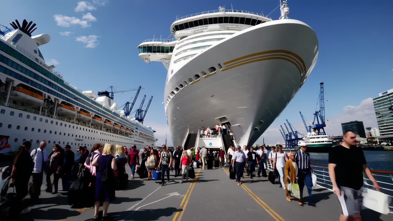 Passengers on a gangway near a large cruise ship docked at a busy port
