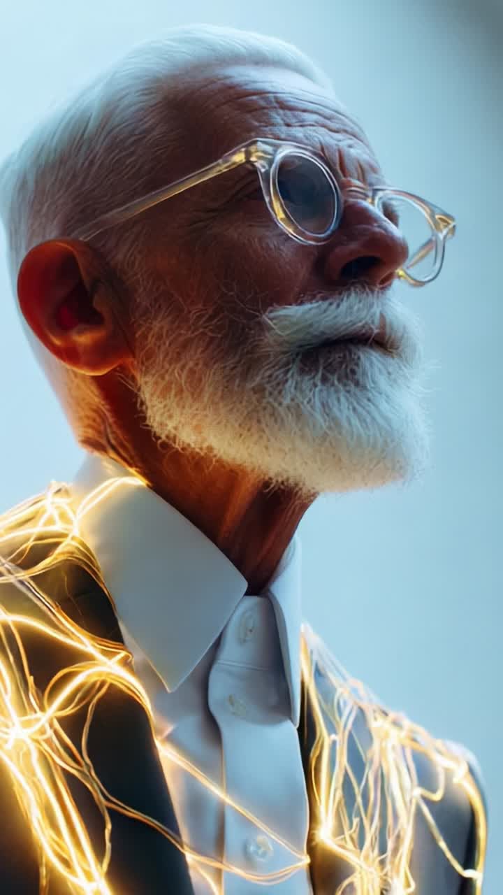 A distinguished older gentleman with a white beard and glasses glows with bright, swirling lights, embodying elegance and modernity in a portrait of creativity