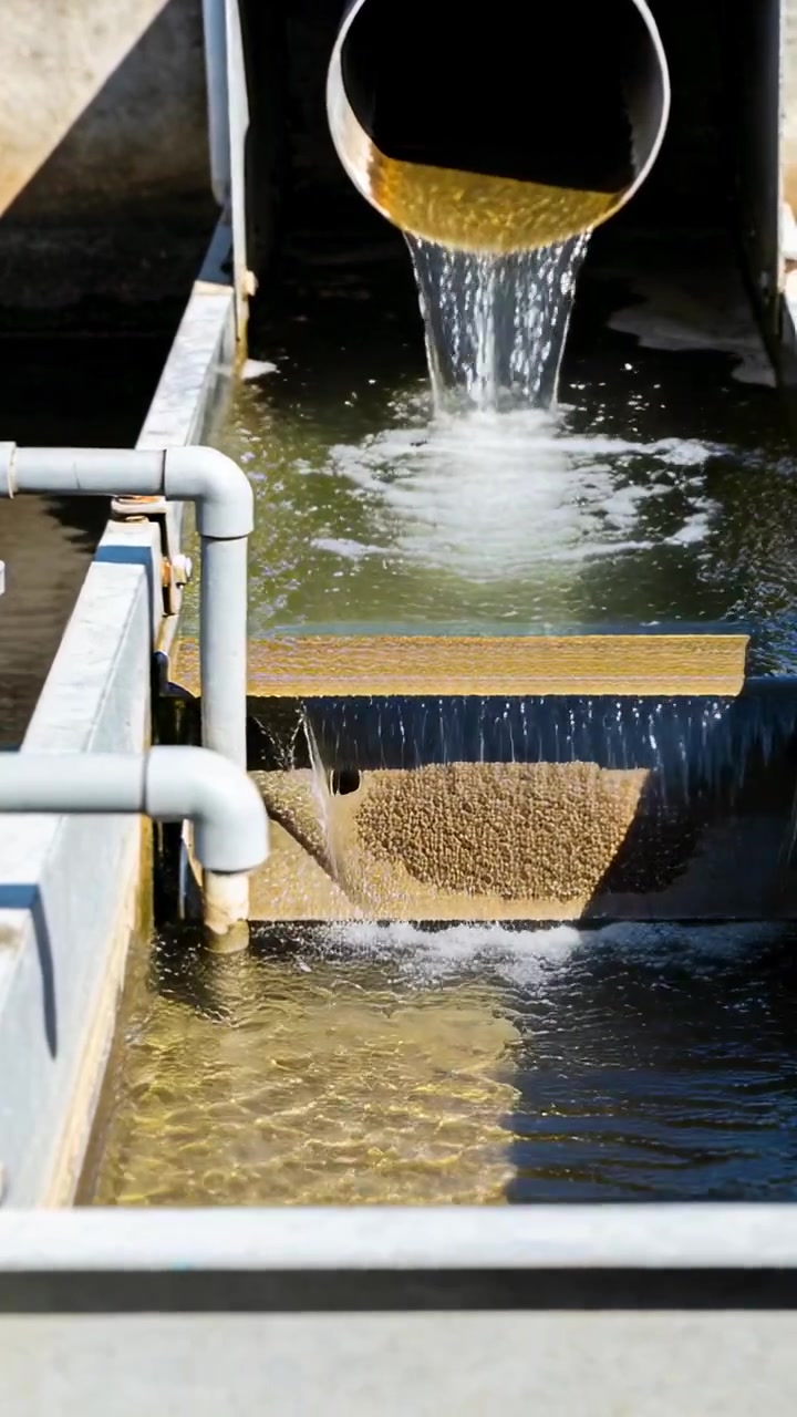 Video verticale: Grande tubo metallico che versa acqua in una diga in un impianto di trattamento, spostando la sabbia per il flusso.