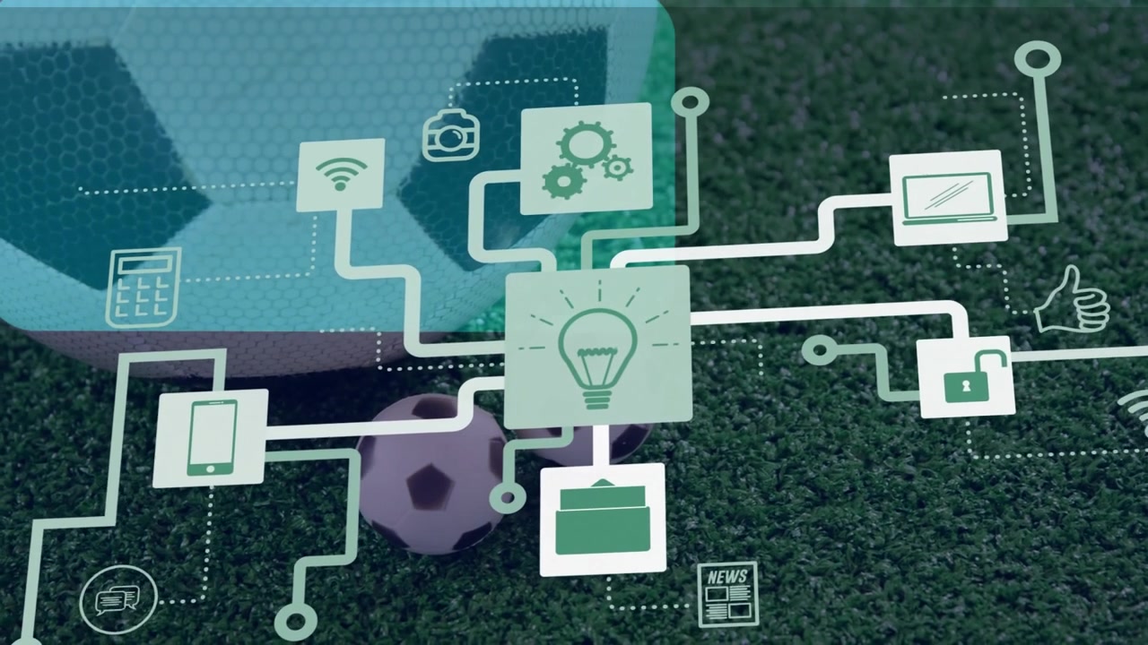 Animation of network of digital icons against close up of soccer ball on grass field