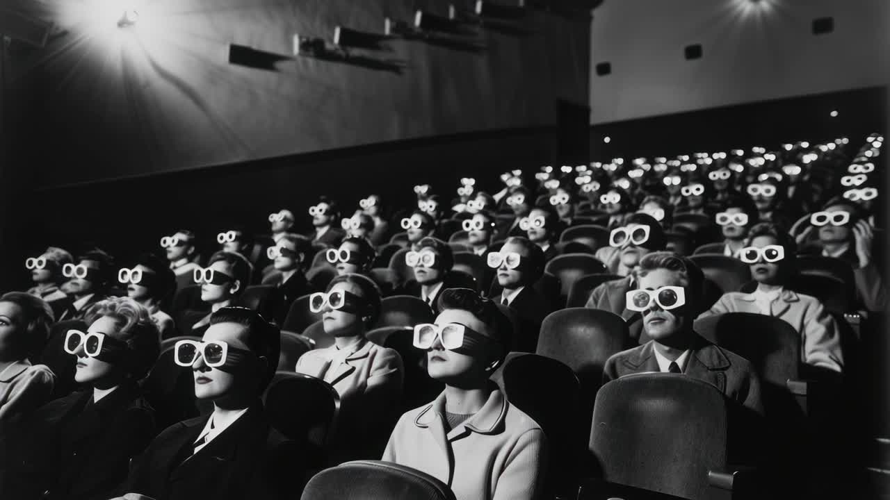 Immagine in bianco e nero di un pubblico che indossa occhiali 3D in un teatro