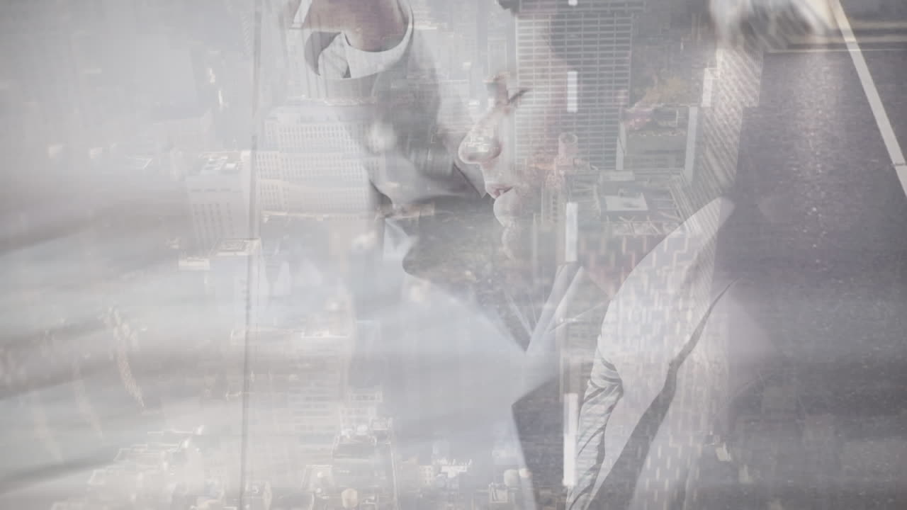 Animation of businessman thinking over road traffic and cityscape
