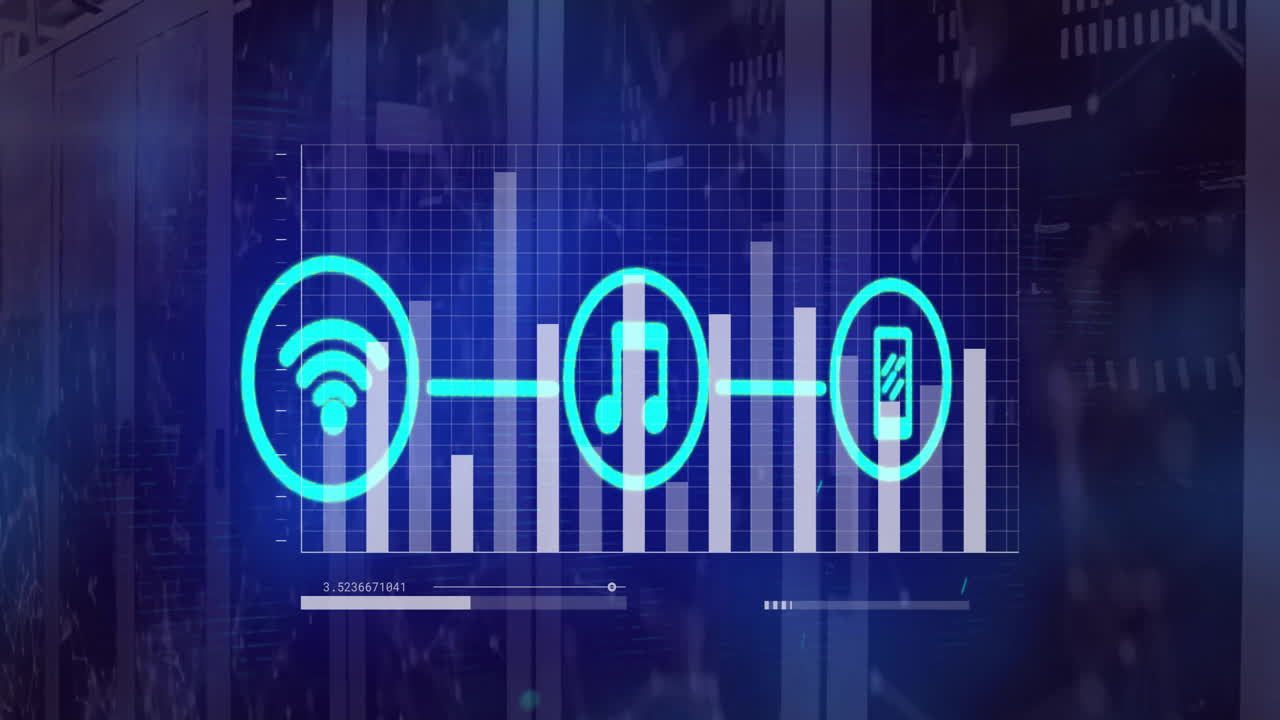 animación de la red de wifi y iconos de medios sobre gráficos y procesamiento de datos en fondo negro