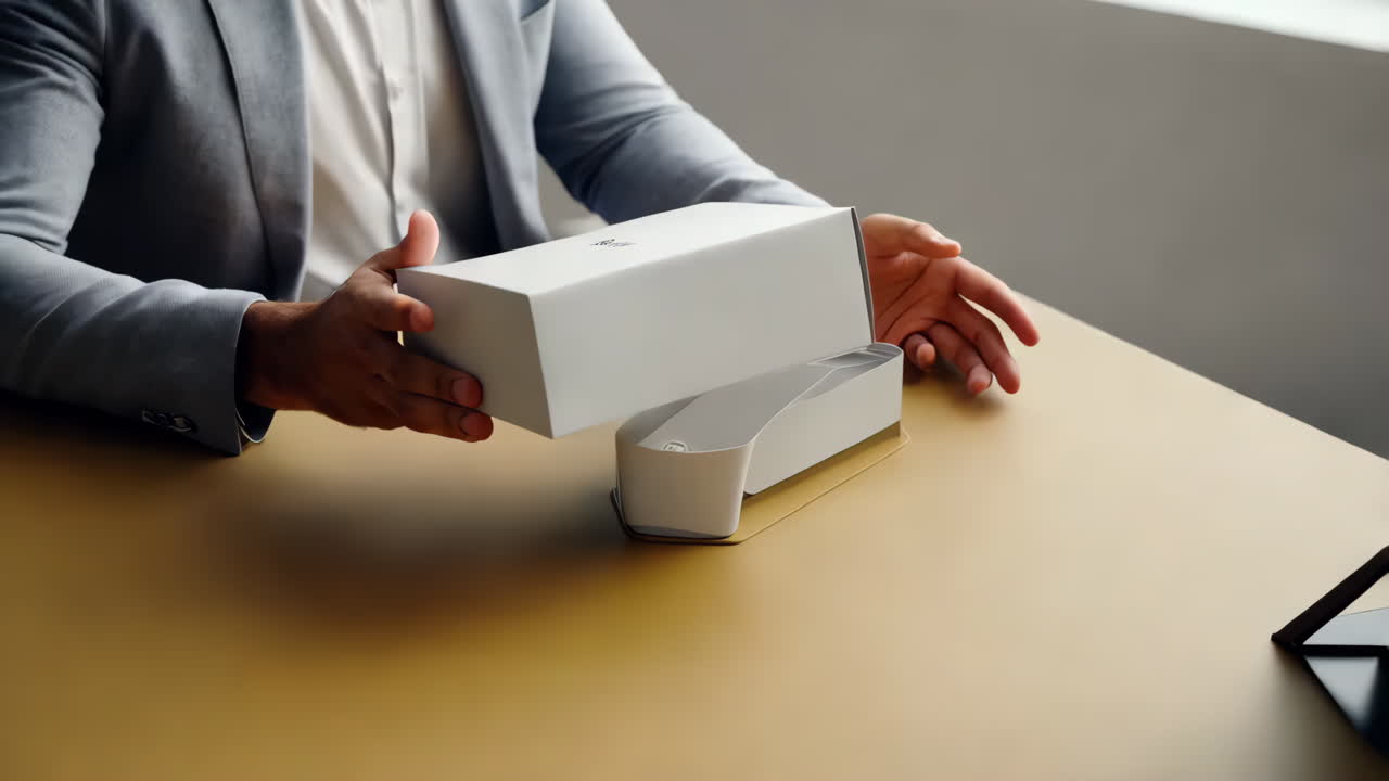 Person holding a white box labeled "Review"