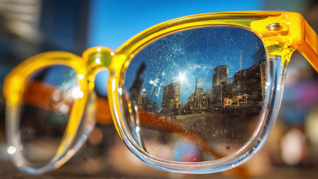 A Close-Up View of Stylish Yellow Sunglasses Reflecting a Vibrant Urban Landscape, Showcasing City Lights and Architecture Through the Lenses, Capturing the Essence of Summer Days and Joyful Moments