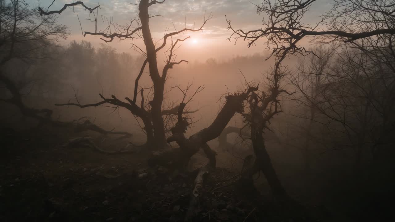 Alba, il sole sorge dietro una fitta nebbia per illuminare la zona boschiva avvolta nella foschia, con alberi spogli