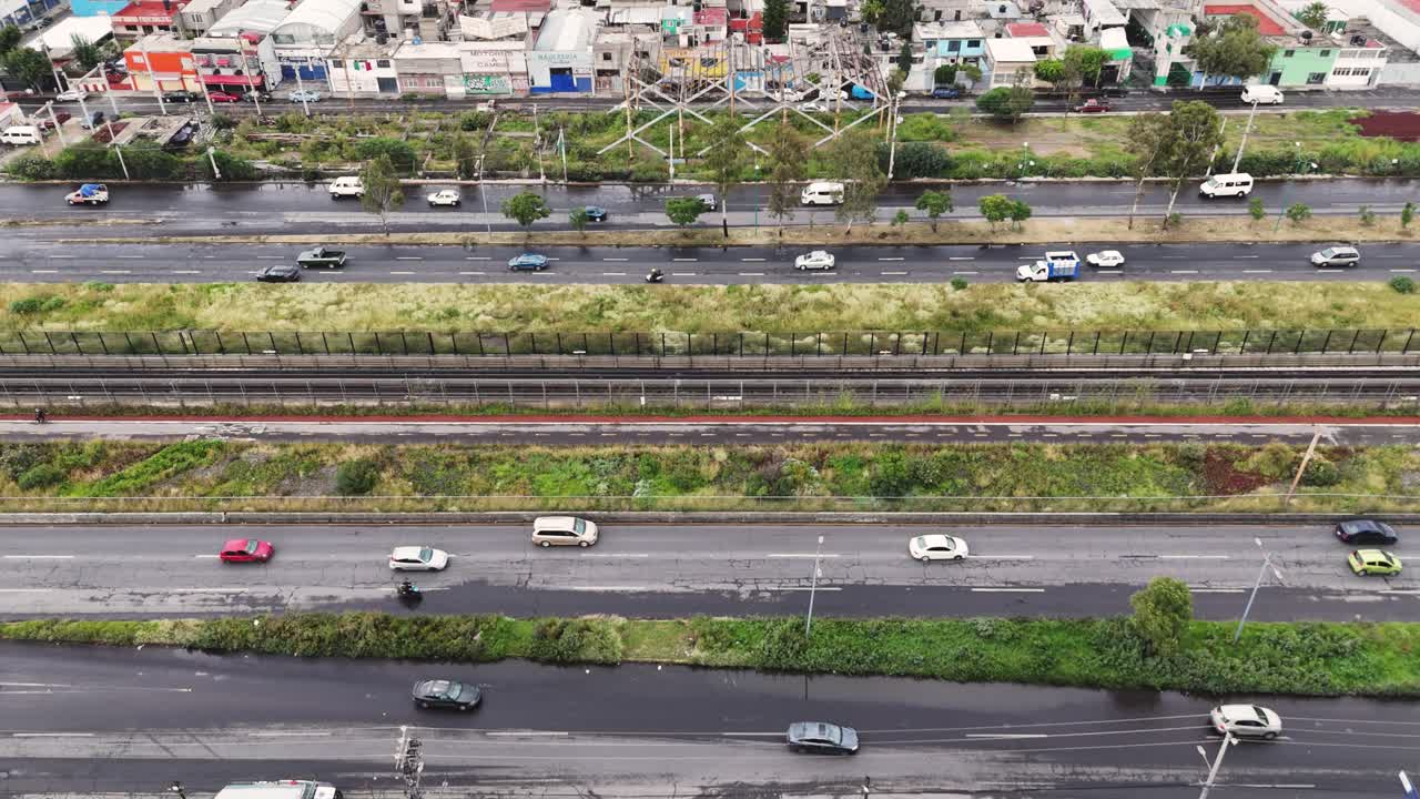 Drone footage of a flooded avenue in Ecatepec during a rainy day