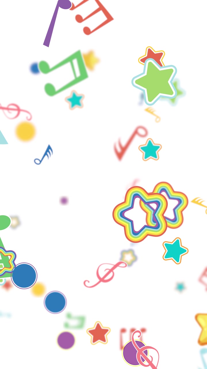 Notas musicais vibrantes e estrelas flutuam dinamicamente sobre um fundo branco, criando uma atmosfera animada e divertida.