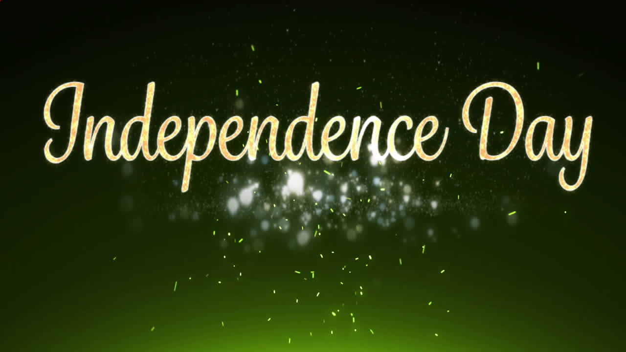 Animation of independence day text over red kaleidoscope shapes and light particles on black