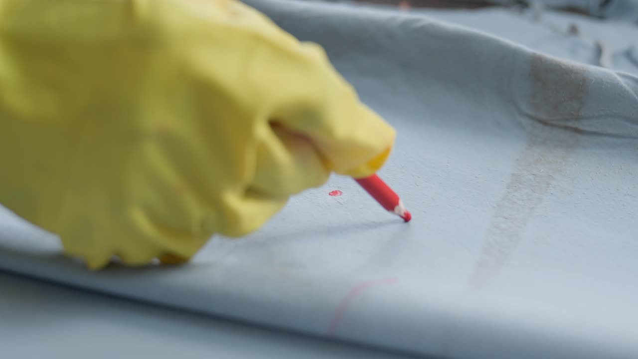 Worker Marking Animal Hides With A Wax Pen In A Textiles Factory In Pakistan