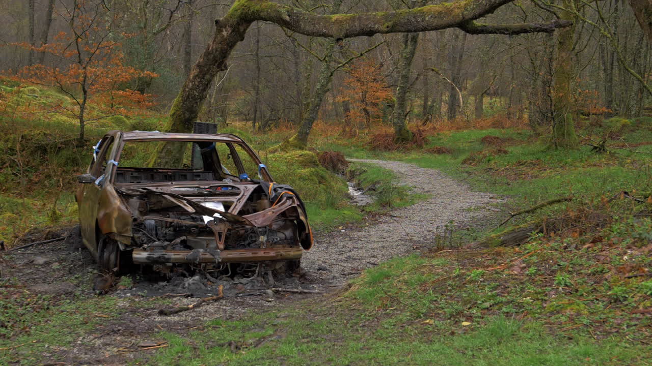 A burned car wreck