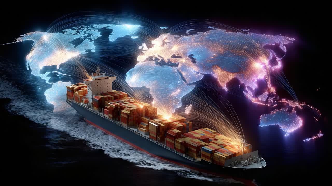 Global Trade Visualization: A Container Ship Navigating Through Digitally Connected Trade Routes on a World Map Representing International Commerce and Logistics