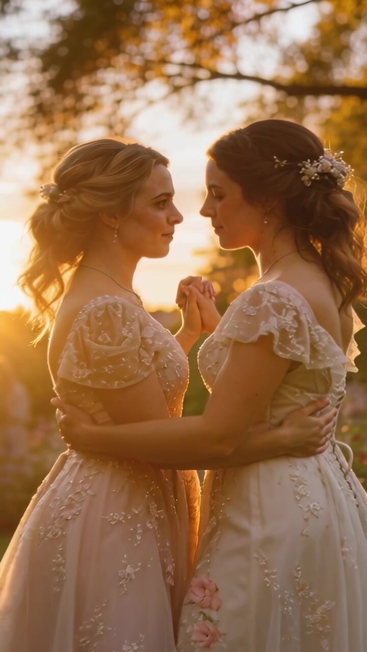 Vertical video: Holding hands, two brides in gowns spinning into embrace in rose garden at wedding