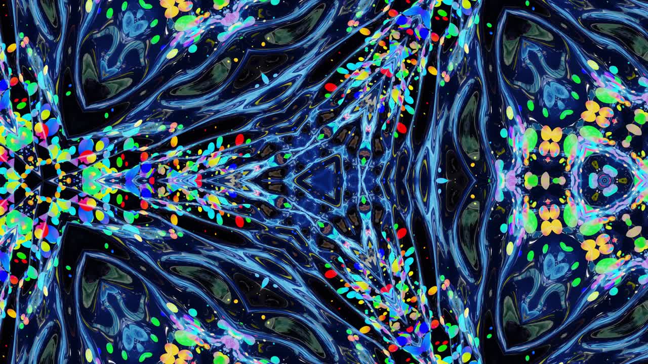 kaleidoscope effect from wavy shiny liquid surface with distorted circles float like drops of paint in oil. Creative background with multicolor gradient in 4k. 3d