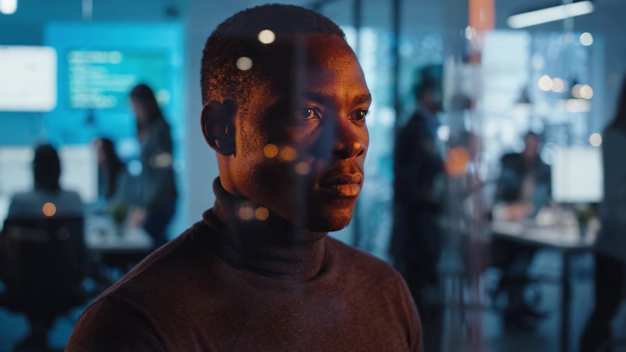 A focused professional gazes thoughtfully through glass, reflecting a moment of introspection amid a bustling, collaborative office environment.