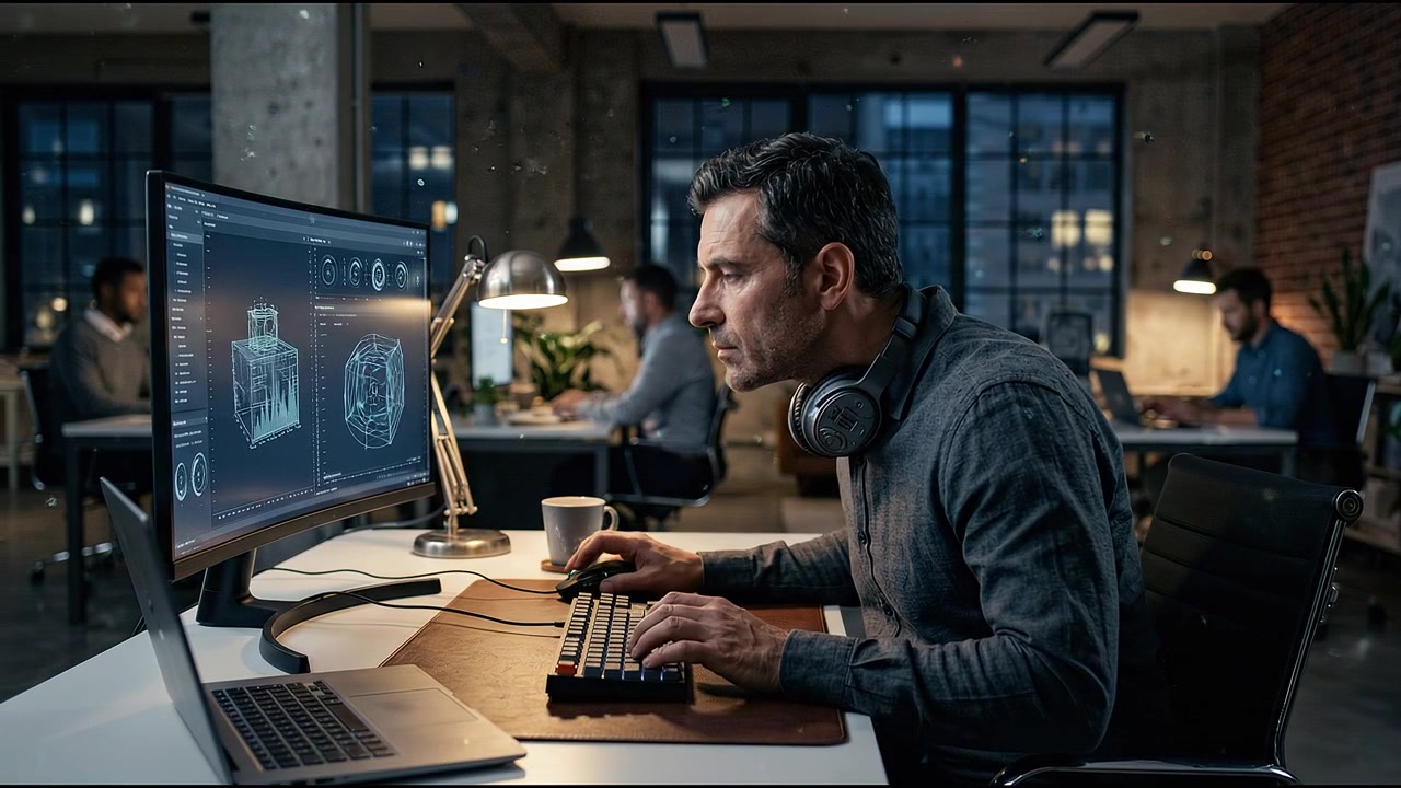 Programmer writing software code on desktop computer during focused nighttime development session