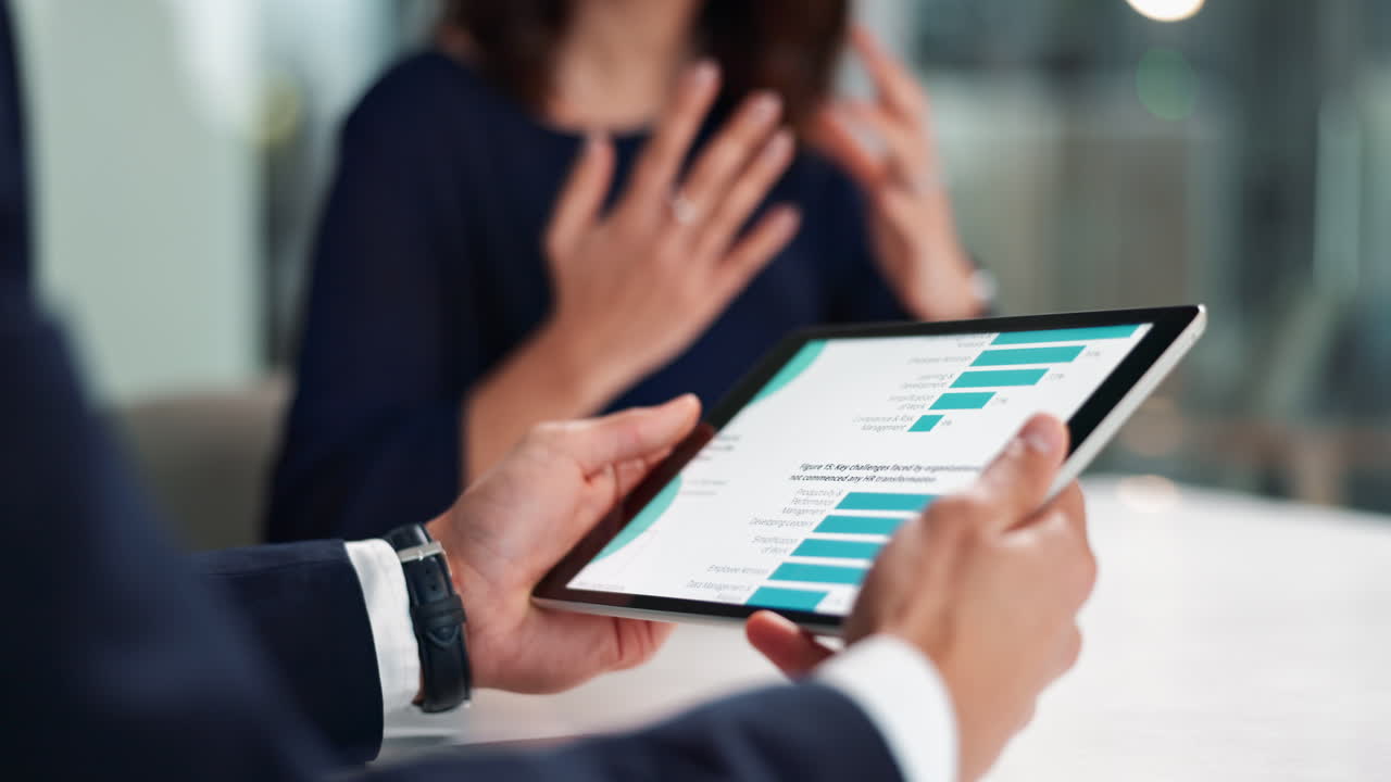 Business meeting with data analysis on tablet