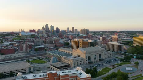 incredible aerial view of kansas city cityscape during summer sunset in missouri