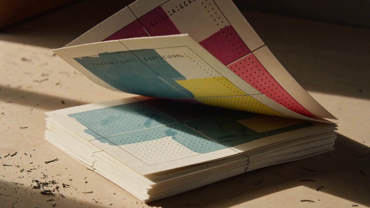 Luce che si sposta sfiorando libretti cuciti, sollevando pagine, sfogliandole, rivelando pannelli colorati
