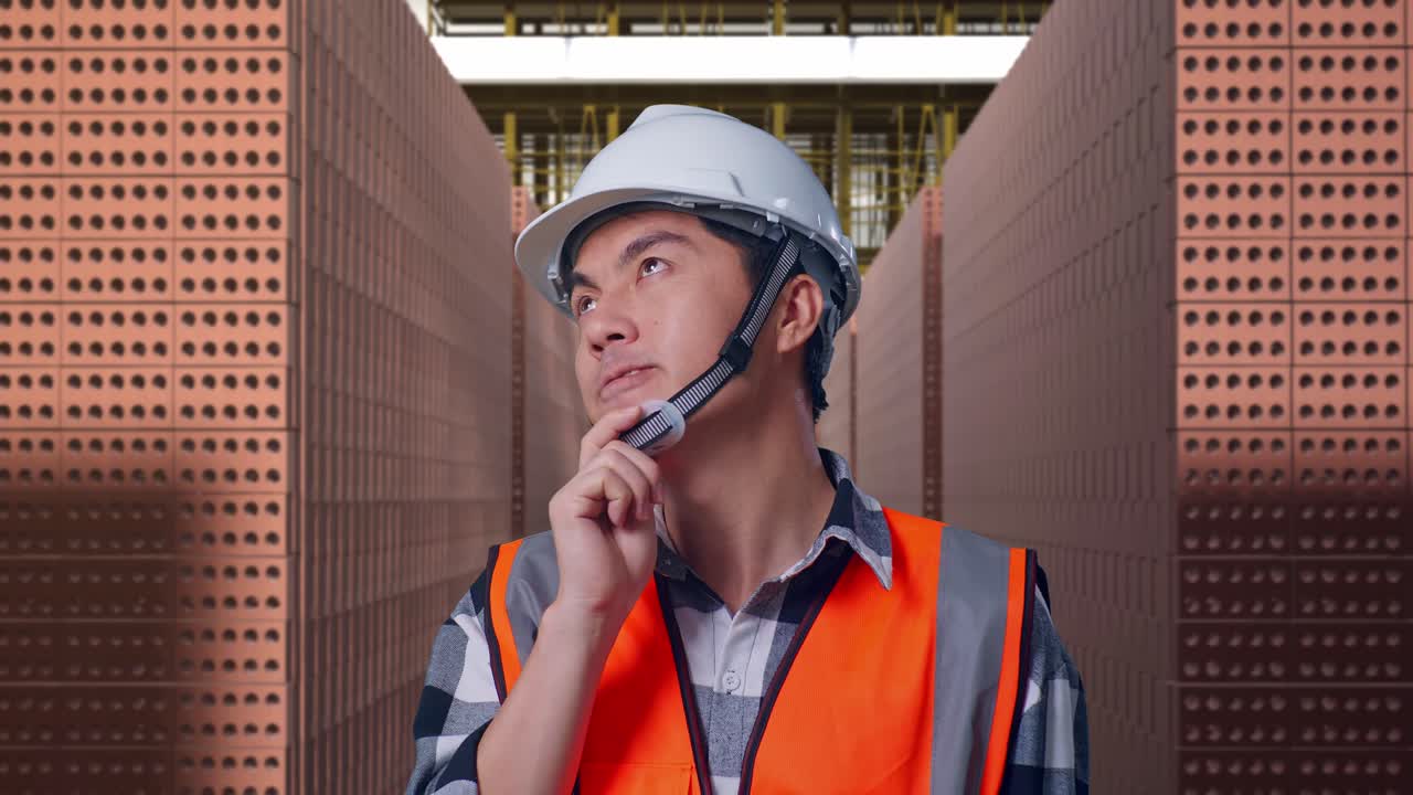 Close Up Of Asian Male Engineer With Safety Helmet Thinking About Something And Looking Around While Standing With Red Brick Packed in Stacks Are Stored