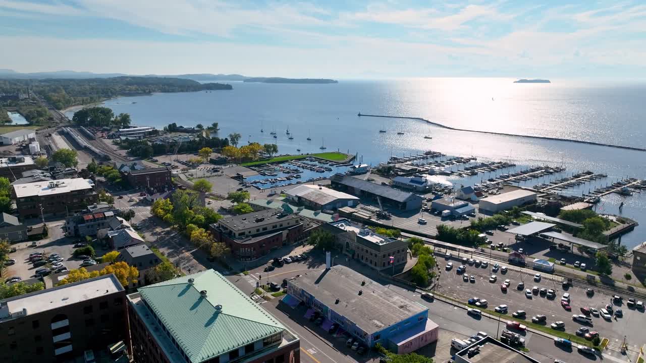 aerial push toward lake champlain from burlington vermont