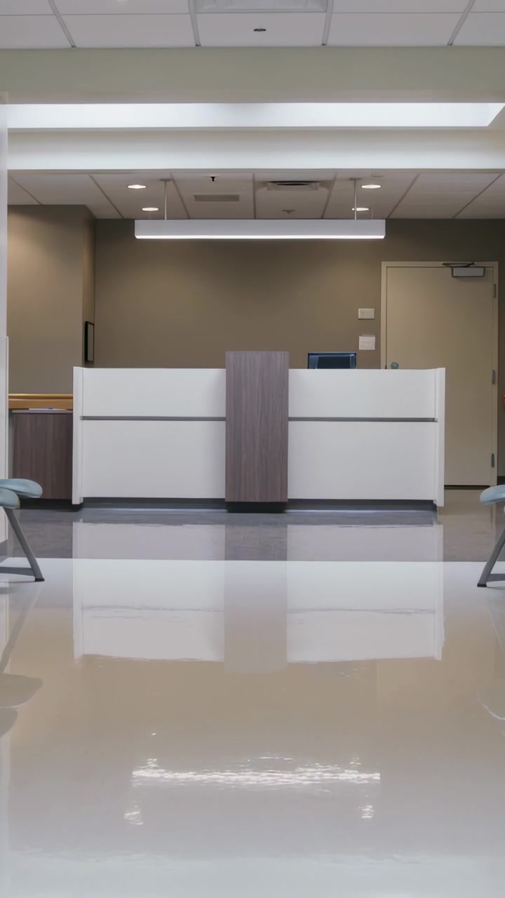 Video verticale: Inquadratura del banco della reception, telecamera che registra una reception vuota per sicurezza, con monitor