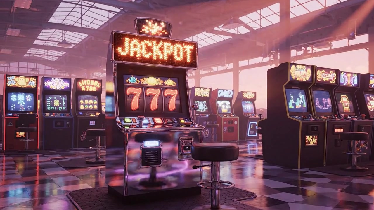 Levende kasinointeriør som viser spilleautomater med ikoniske 777-symboler og en imponerende jackpot-skjerm midt i et livlig spillmiljø.