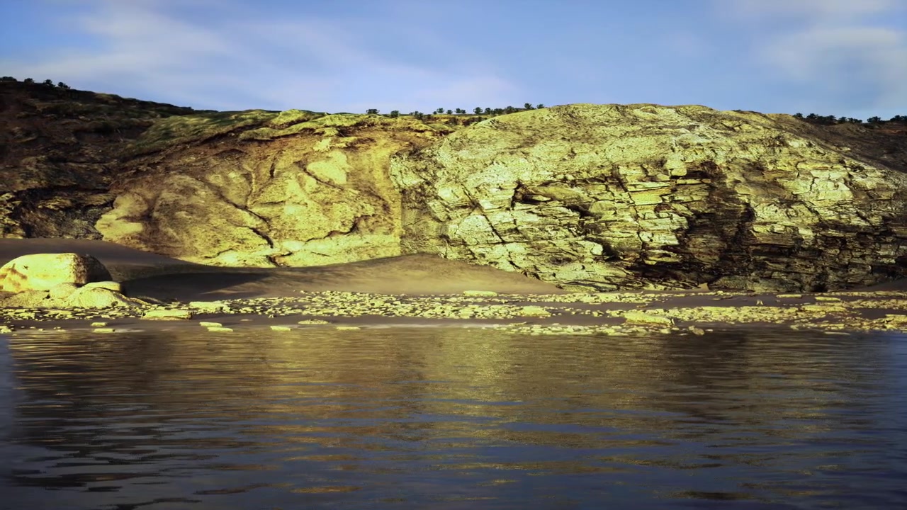 Il sole di mezzogiorno mette in risalto formazioni geologiche frastagliate e una spiaggia di ciottoli