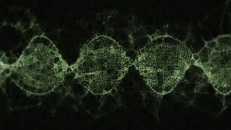 animation of a digital glowing pixelated green 3d double helix dna