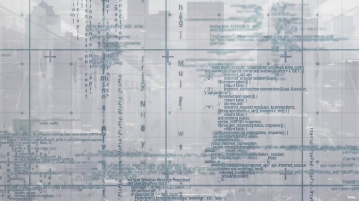 Animation of programming language over grid pattern against server room and city in background